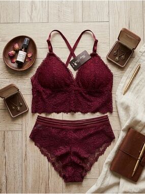 Lace Longline Bralette & Lace Briefs - Burgundy